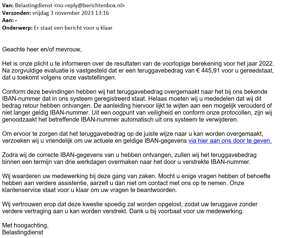 Afbeelding valse e-mail IBAN-gegevens doorgeven