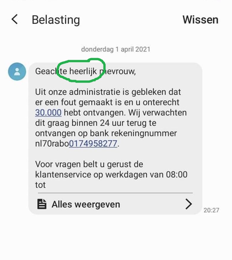 Afbeelding van de valse sms. Bovenin de tekst 'Belasting'