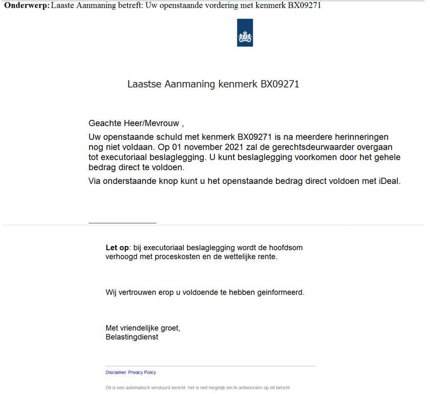 Afbeelding van de valse e-mail. Onder de afbeelding staat de uitgeschreven tekst van de e-mail.
