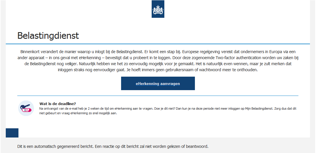 Afbeelding van de valse e-mail. Onder de afbeelding staat de uitgeschreven tekst van de e-mail.