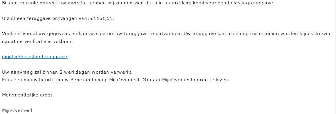 Afbeelding van de valse e-mail. Onder de afbeelding staat de uitgeschreven tekst van de e-mail.